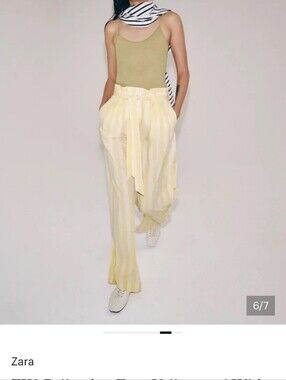 ZARA NWT Yellow White Striped Wide Leg Pants Size L Belted High Waist